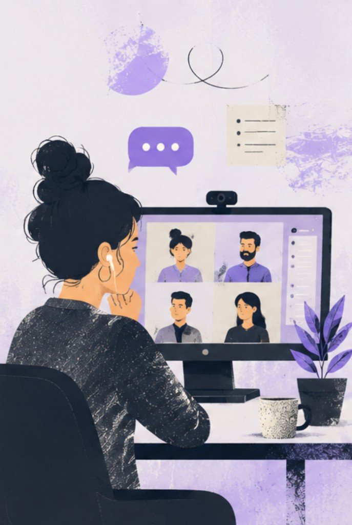 Expert participating in a video conversation at a desk with notes and coffee